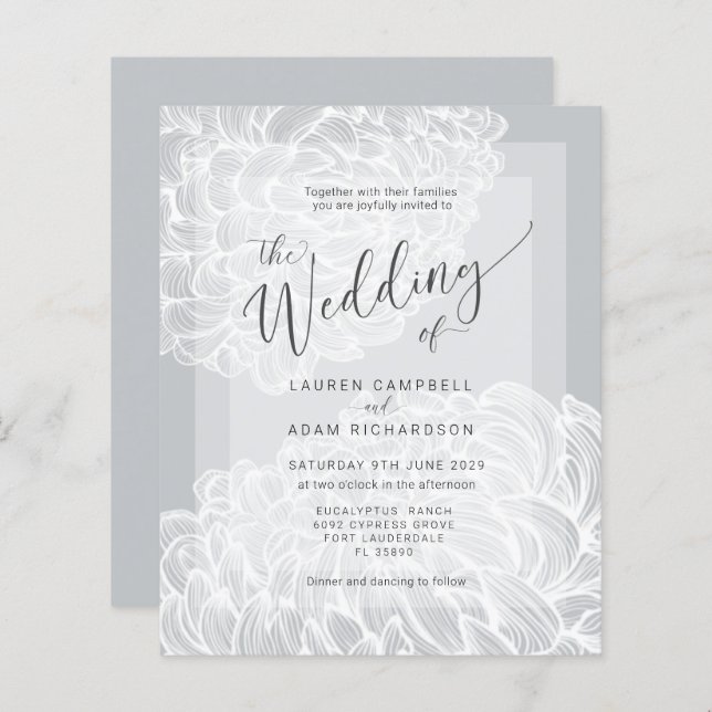 Budget Boho Grey & White Floral Wedding Invitation (Front/Back)