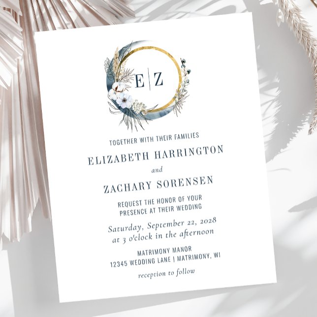 Budget Boho Moon Blue Monogram Wedding Invitation (Creator Uploaded)