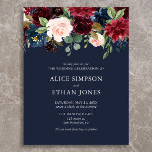 Budget Boho Navy Blue Burgundy Floral Wedding Invitation Postcard