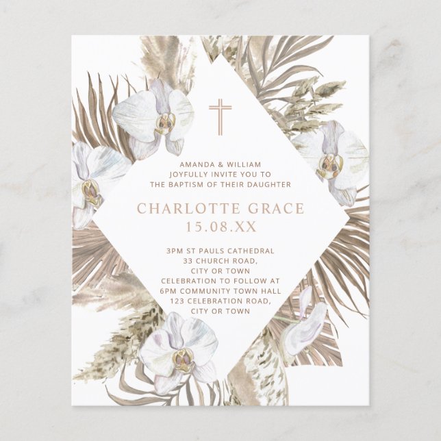 Budget Boho Palm Floral Baptism Pink Tan Invite Flyer (Front)
