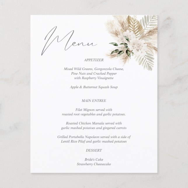 Budget  Boho Palm Leaf Floral Menu (Front)