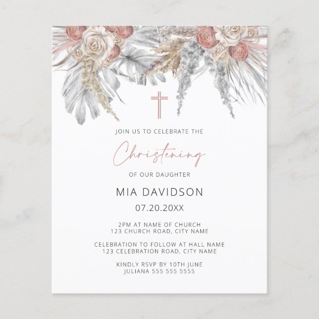 Budget Boho Palm Pink Pampas Christening Invite Flyer (Front)