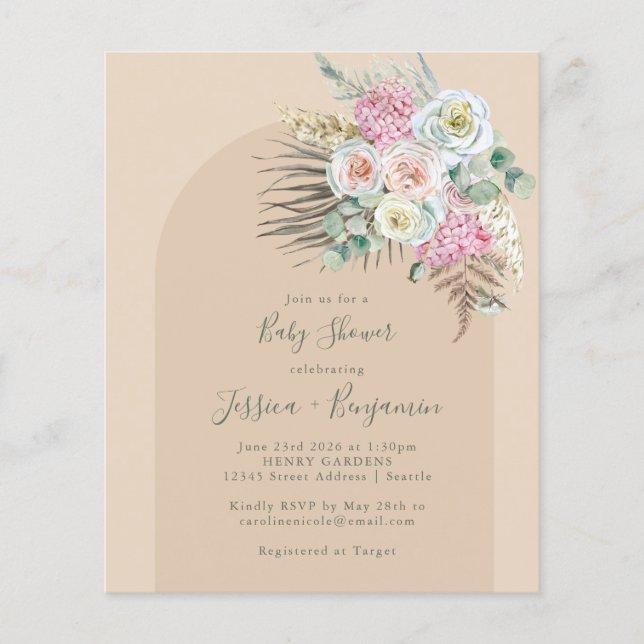 Budget Boho Pampas Beige Floral Baby Shower   (Front)