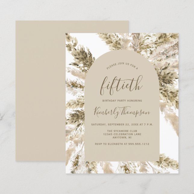 Budget Boho Pampas Grass Arch 50th Birthday Invite (Front/Back)