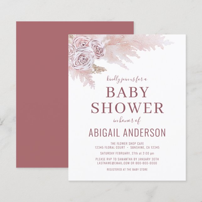 Budget Boho Pampas Grass Baby Shower Invitation (Front/Back)