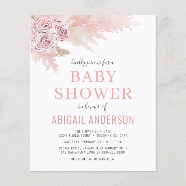 Budget Boho Pampas Grass Baby Shower Invitation Flyer (Front)