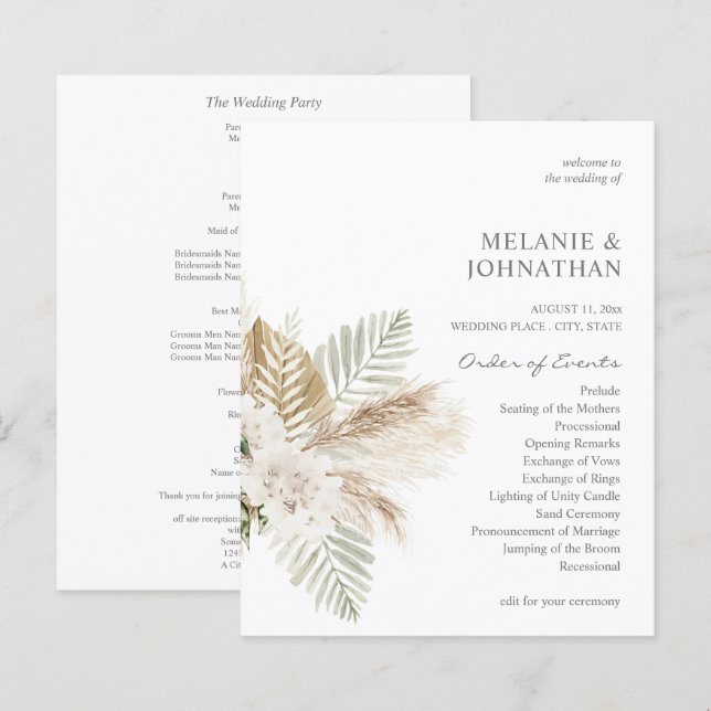 Budget Boho Pampas Grass & Beige Wedding Ceremony  (Front/Back)