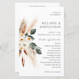 Budget Boho Pampas Grass Beige Wedding Program MED