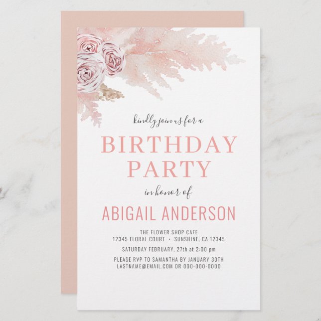 Budget Boho Pampas Grass Birthday Party Invitation (Front/Back)