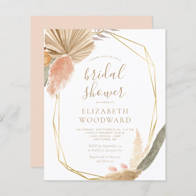 Budget Boho Pampas Grass Bridal Shower Invitation (Front/Back)
