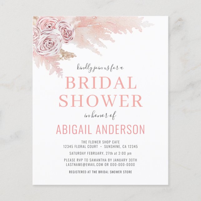 Budget Boho Pampas Grass Bridal Shower Invitation Flyer (Front)