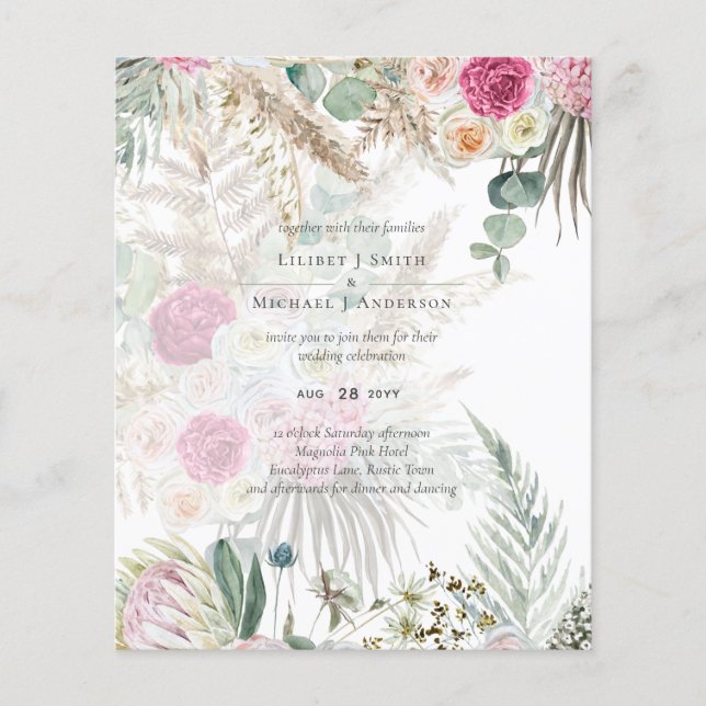 BUDGET BOHO Pink Floral PampasGrass Wedding Invite Flyer (Front)