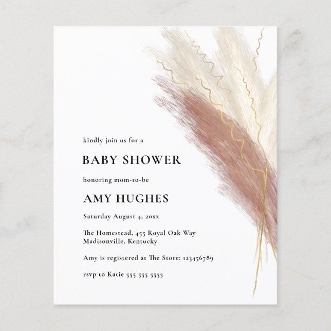 Budget Boho Pink Pampas Grass Baby Shower Girl Flyer (Front)
