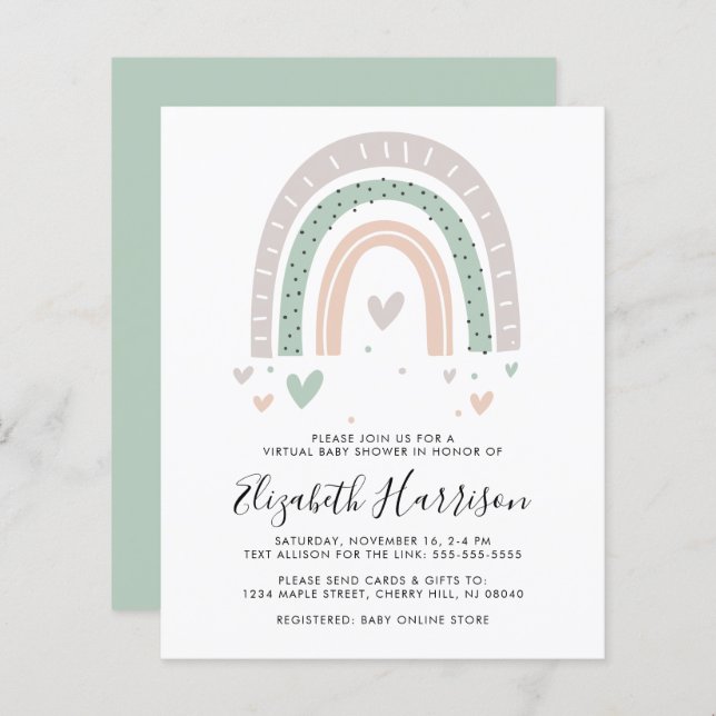 Budget Boho Rainbow Virtual Baby Shower Invitation (Front/Back)