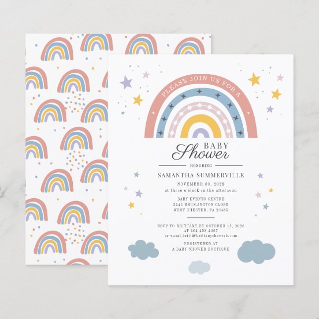 Budget Boho Rainbow Watercolor Script Baby Shower (Front/Back)