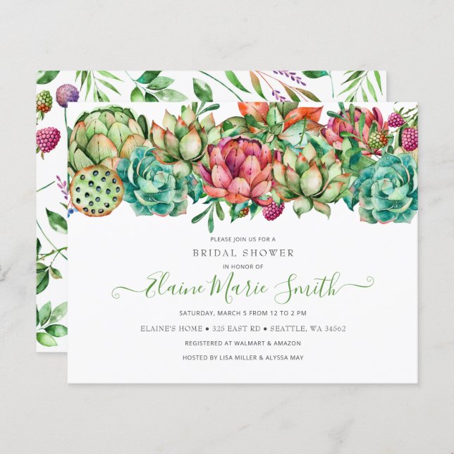 Budget Boho Succulent Bridal Shower Invitation (Front/Back)