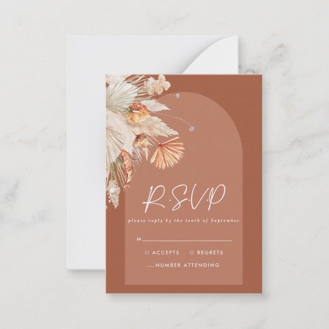 budget boho terracotta pampas wedding RSVP reply Card (Front)