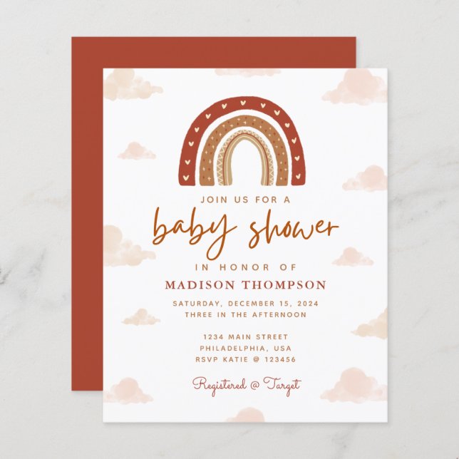 Budget Boho Terracotta Rainbow Clouds Baby Shower (Front/Back)