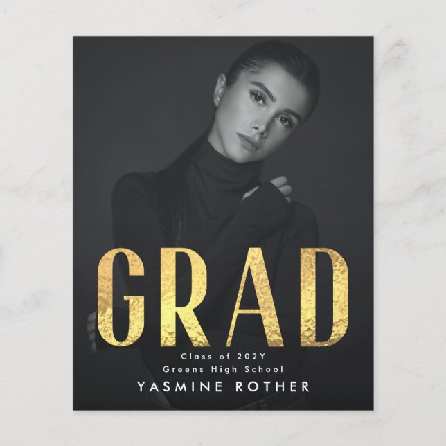 Budget Bold Gold Foil GRAD Photo Announcement Flyer (Front)