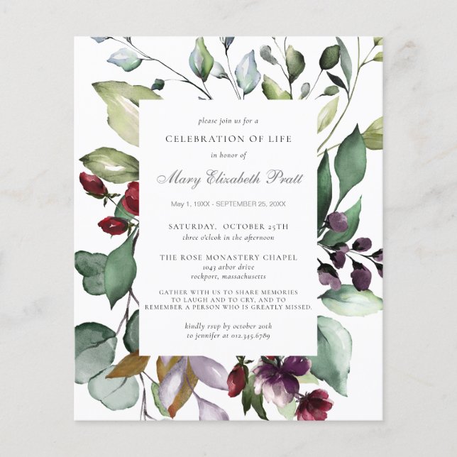 Budget Botanical Celebration of Life Invitation (Front)