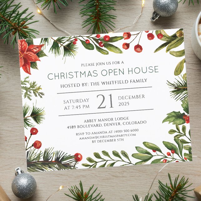 Budget Botanical Christmas Holiday Party Invite Flyer (Elegant Christmas Holiday Open House Invitation)