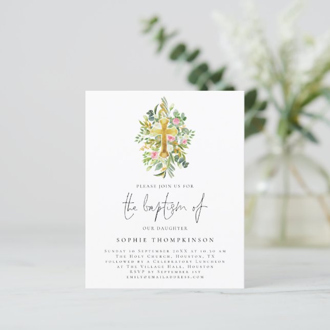 Budget Botanical Eucalyptus Cross Baptism Invite (Standing Front)