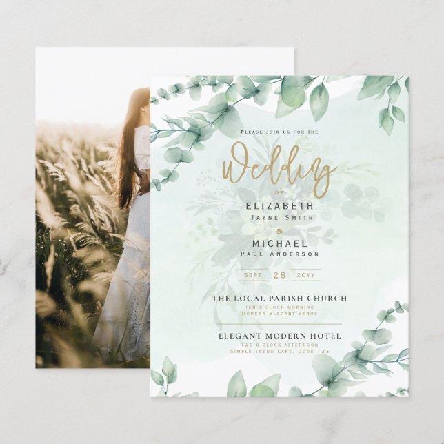 Budget Botanical Eucalyptus Wedding INVITE (Front/Back)