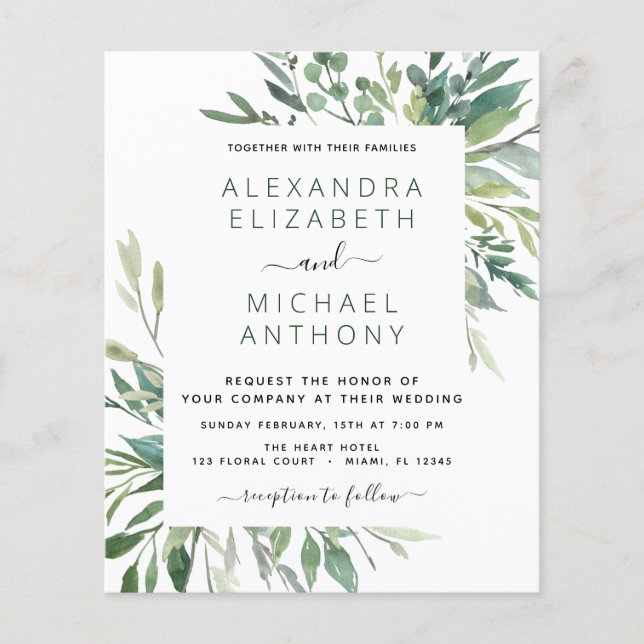 Budget Botanical Greenery Foliage Wedding Flyer (Front)