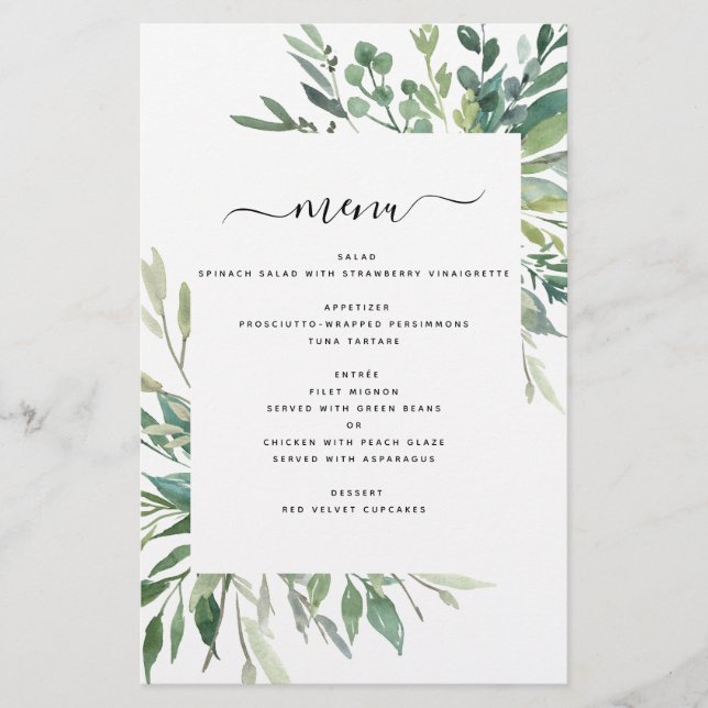 Budget Botanical Greenery Foliage Wedding Menu (Front)
