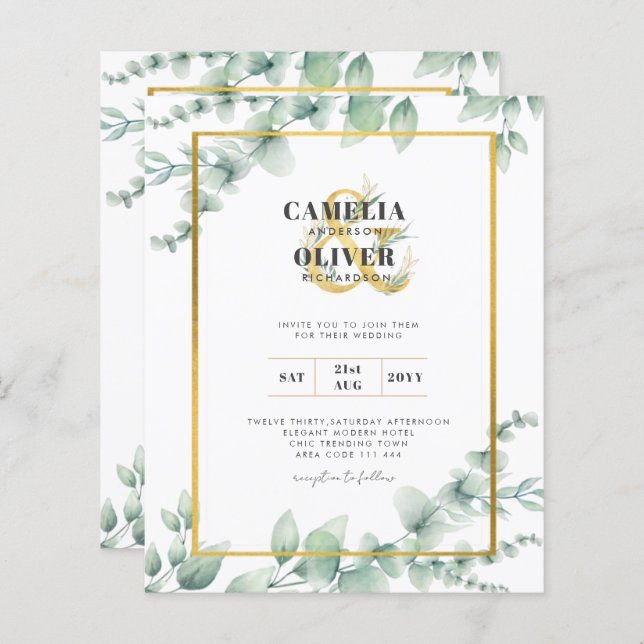 Budget Botanical Greenery Gold Wedding Invitations (Front/Back)