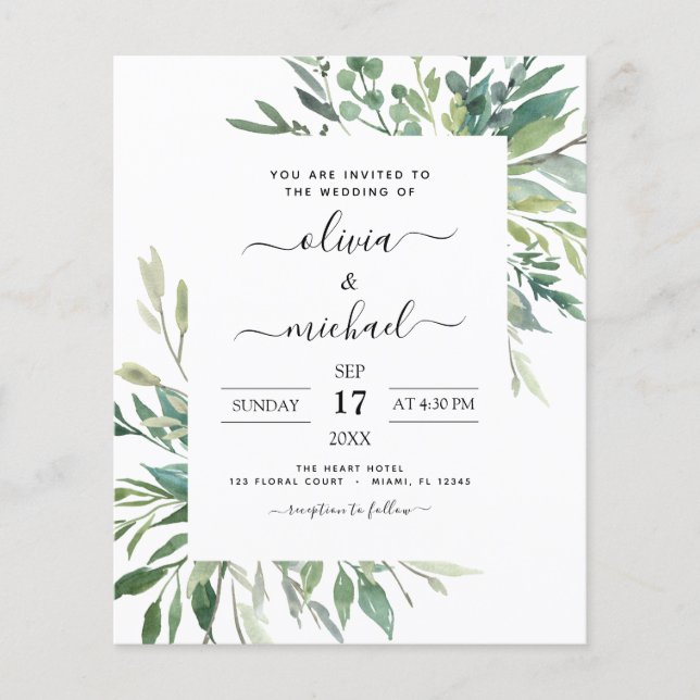 Budget Botanical Greenery Wedding Invitation Flyer (Front)