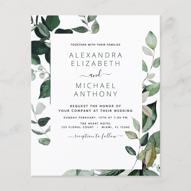 Budget Botanical Greenery Wedding Invitation Flyer (Front)