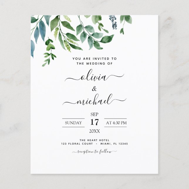 Budget Botanical Greenery Wedding Invitations Flyer (Front)