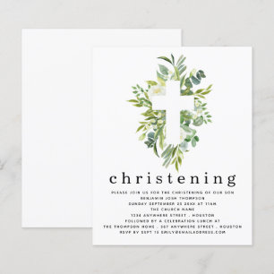 Budget Botanical Leaves Cross Christening Invite