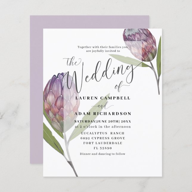 Budget Botanical Protea Purple Wedding  Invitation (Front/Back)