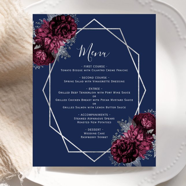 Budget Bourgogne Floral Silver Navy Menu Mariage (Créateur téléchargé)