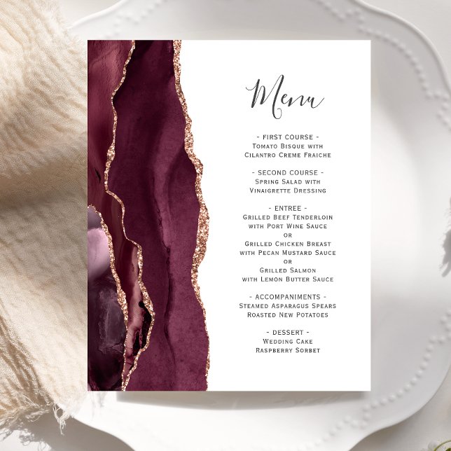 Budget Bourgogne Rose Gold Agate Mariage Menu (Créateur téléchargé)