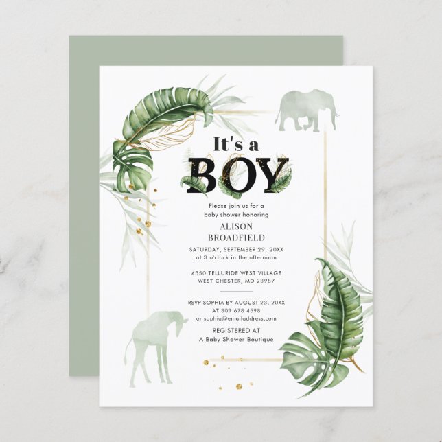 Budget Boy Baby Shower Elephant Giraffe Invitation (Front/Back)