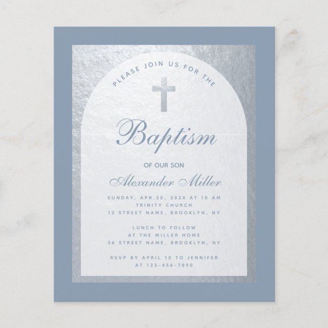 Budget Boy Baptism Dusty Blue Silver Invitation (Front)