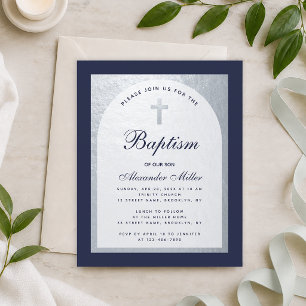 Budget Boy Baptism Silver Navy Blue Invitation