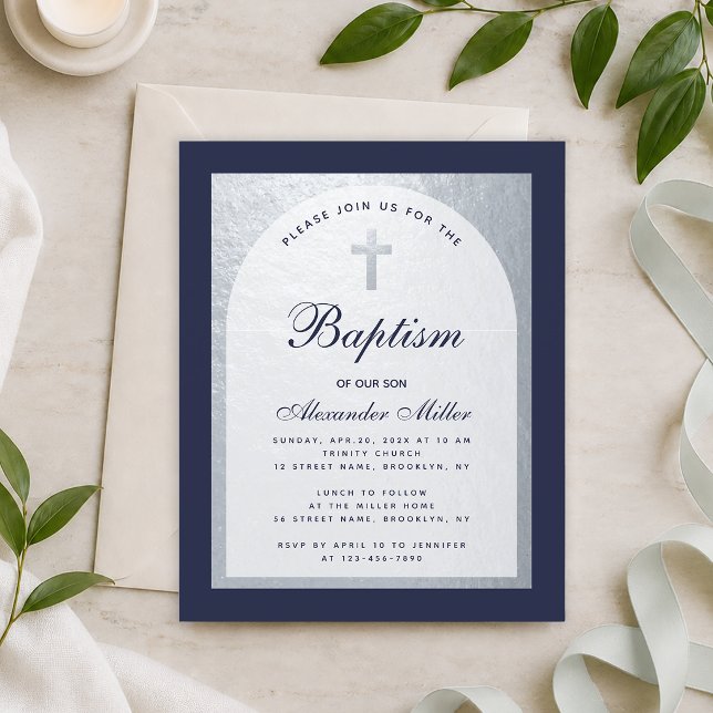 Budget Boy Baptism Silver Navy Blue Invitation (Creator Uploaded)