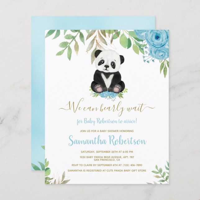 Budget Boy Bear Blue Flower Baby Shower Invitation (Front/Back)