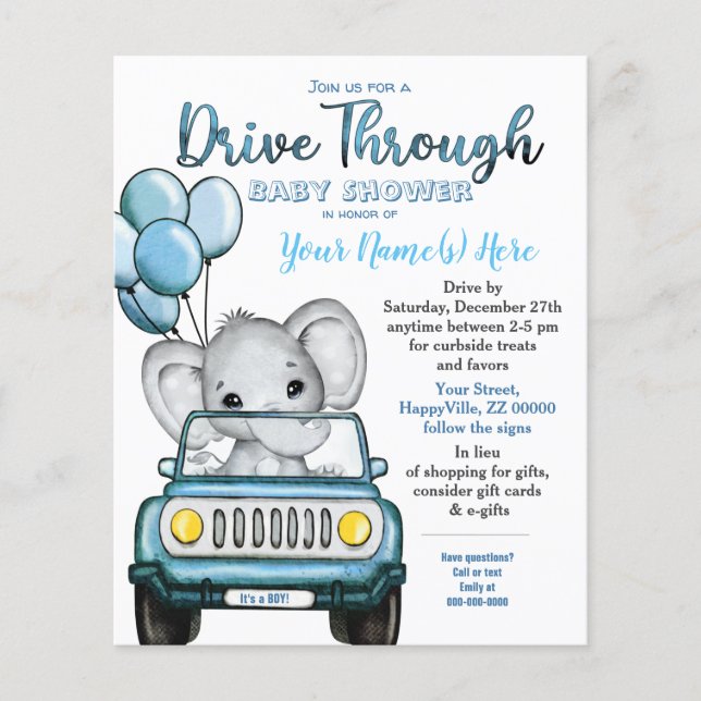 Budget Boy Drive Through Baby Shower Elephant Car Flyer (Front)