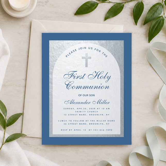 Budget Boy First Communion Blue Silver Invitation (Creator Uploaded)