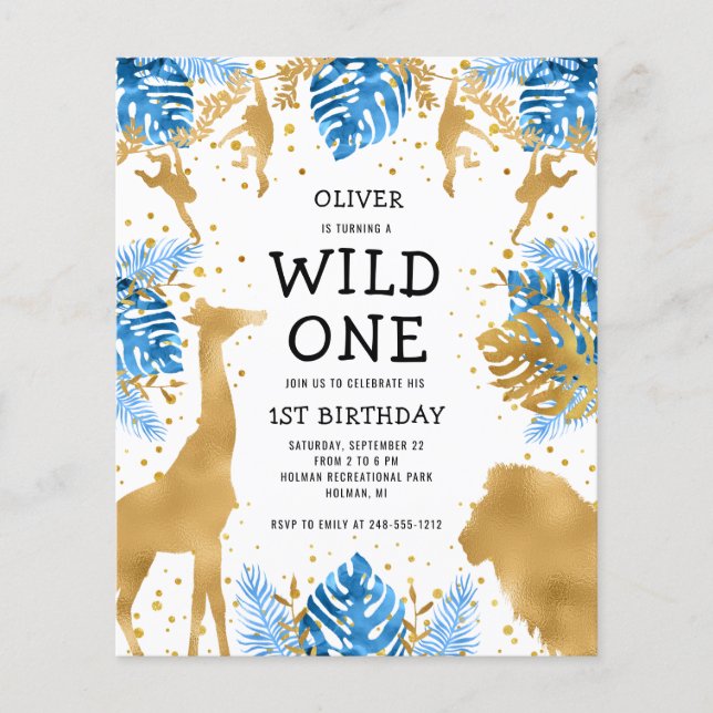 Budget Boys 1st Birthday Blue Safari Invitation (Front)