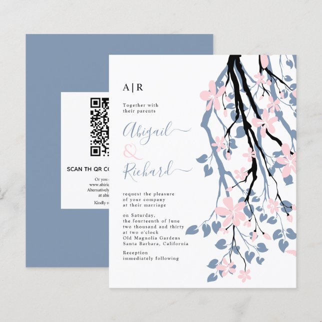 BUDGET Branch and QR code blue wedding invitation (Front/Back)