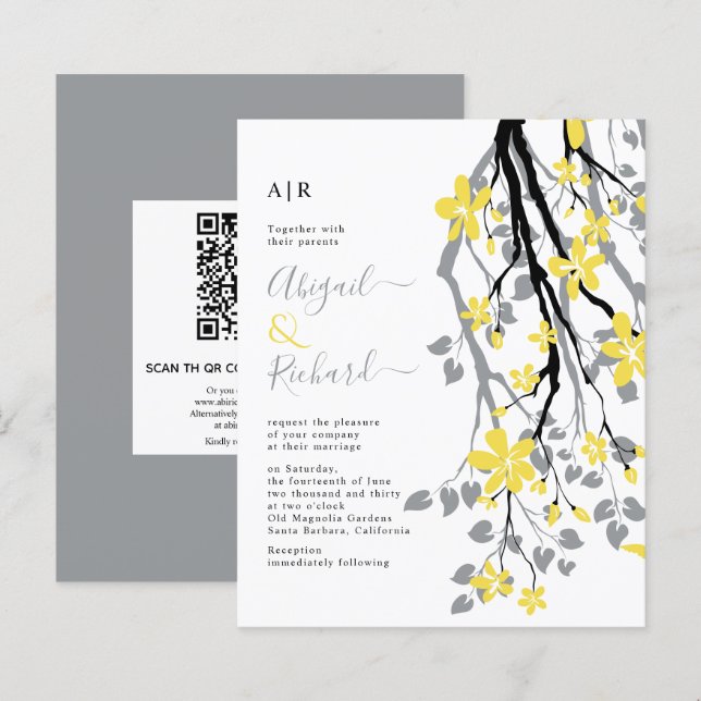 BUDGET Branch, flowers QR code wedding invitation (Front/Back)