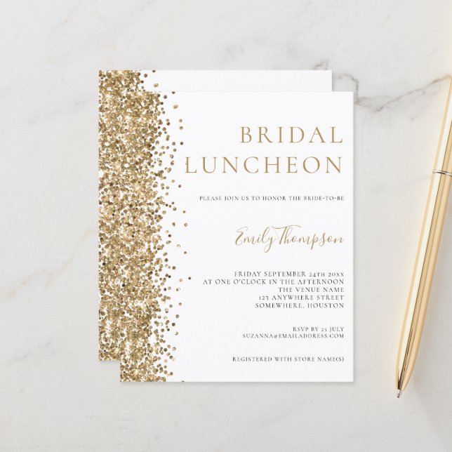 Budget Bridal Luncheon Gold Glitter Invitation (Front/Back In Situ)