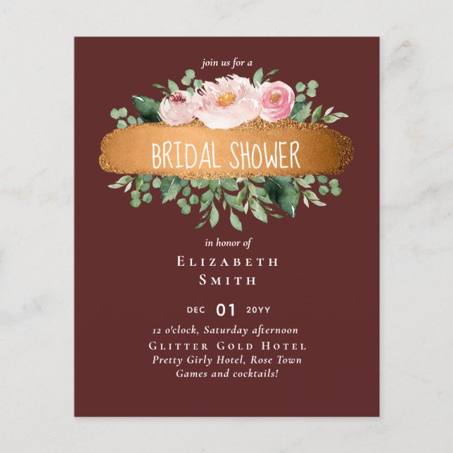 Budget Bridal Shower Burgundy Floral Gold Modern Flyer (Front)