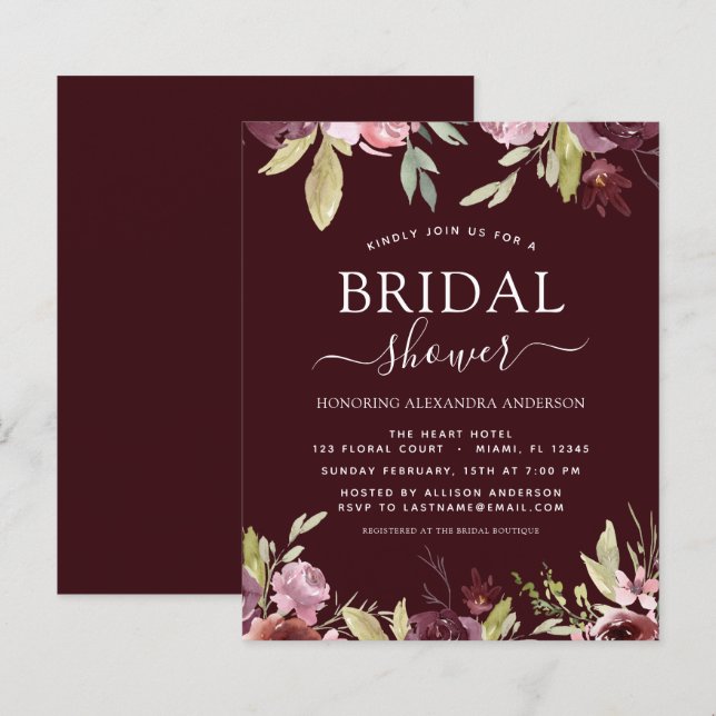 Budget Bridal Shower Burgundy Spring Invitations (Front/Back)
